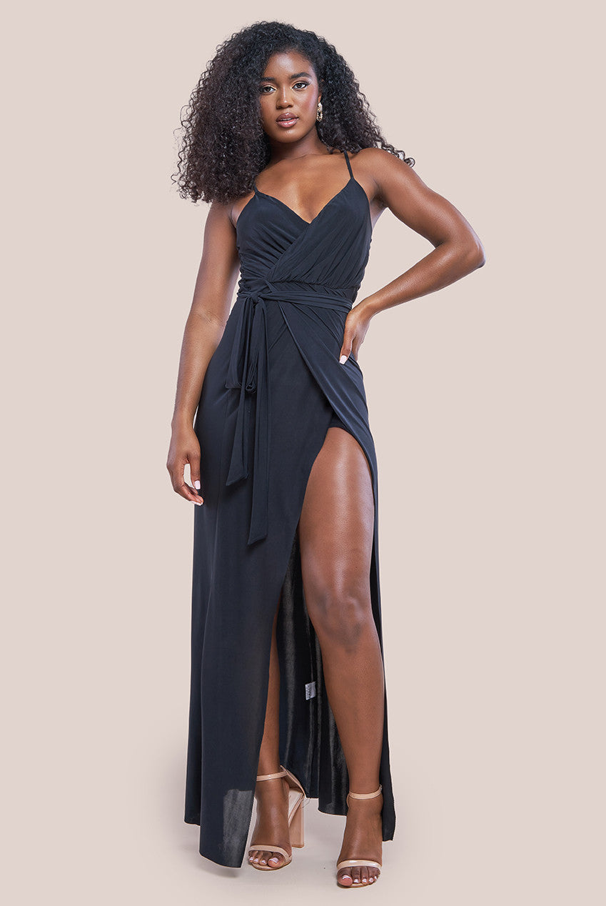 Wrap Front Maxi Slip Dress With Waist Tie-Up - Black DR2250C