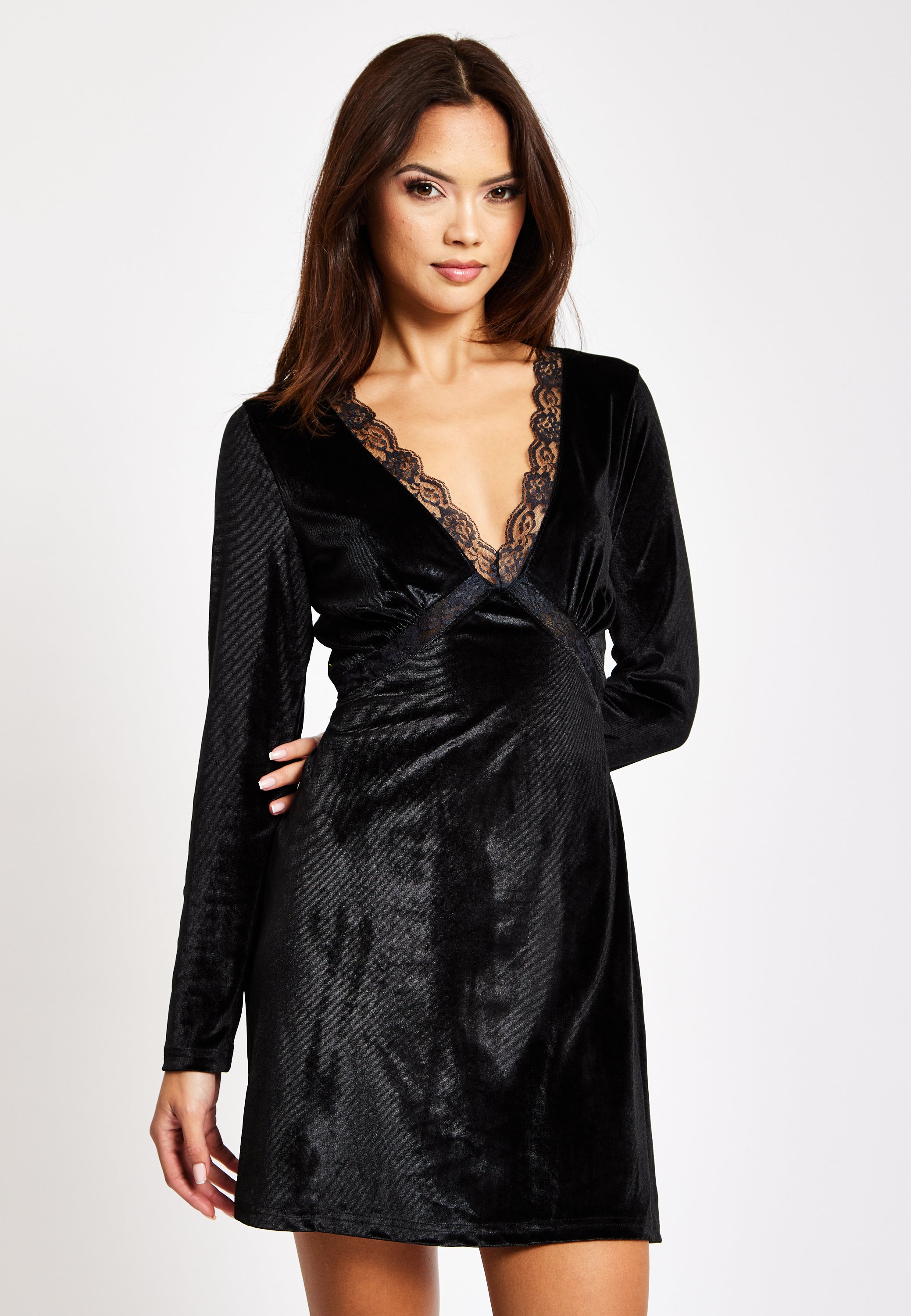 Black Velvet Mini Dress With Lace Details LIQ23AW079BL