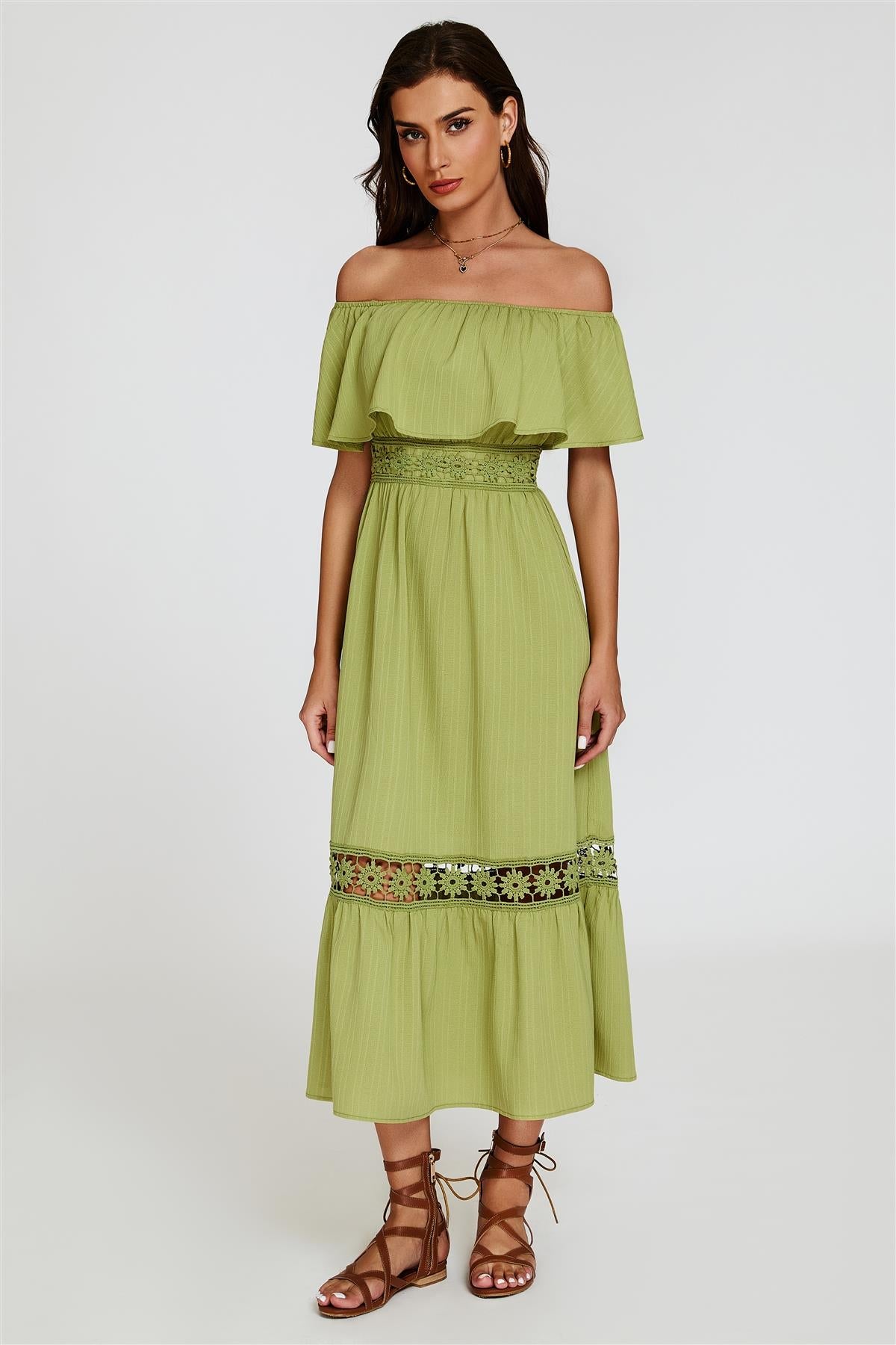 Lace Detail Bardot Maxi Dress In Green FS831-GL