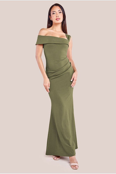 Khaki - Off The Shoulder Pleated Waist Maxi Dress - Khaki by Goddiva