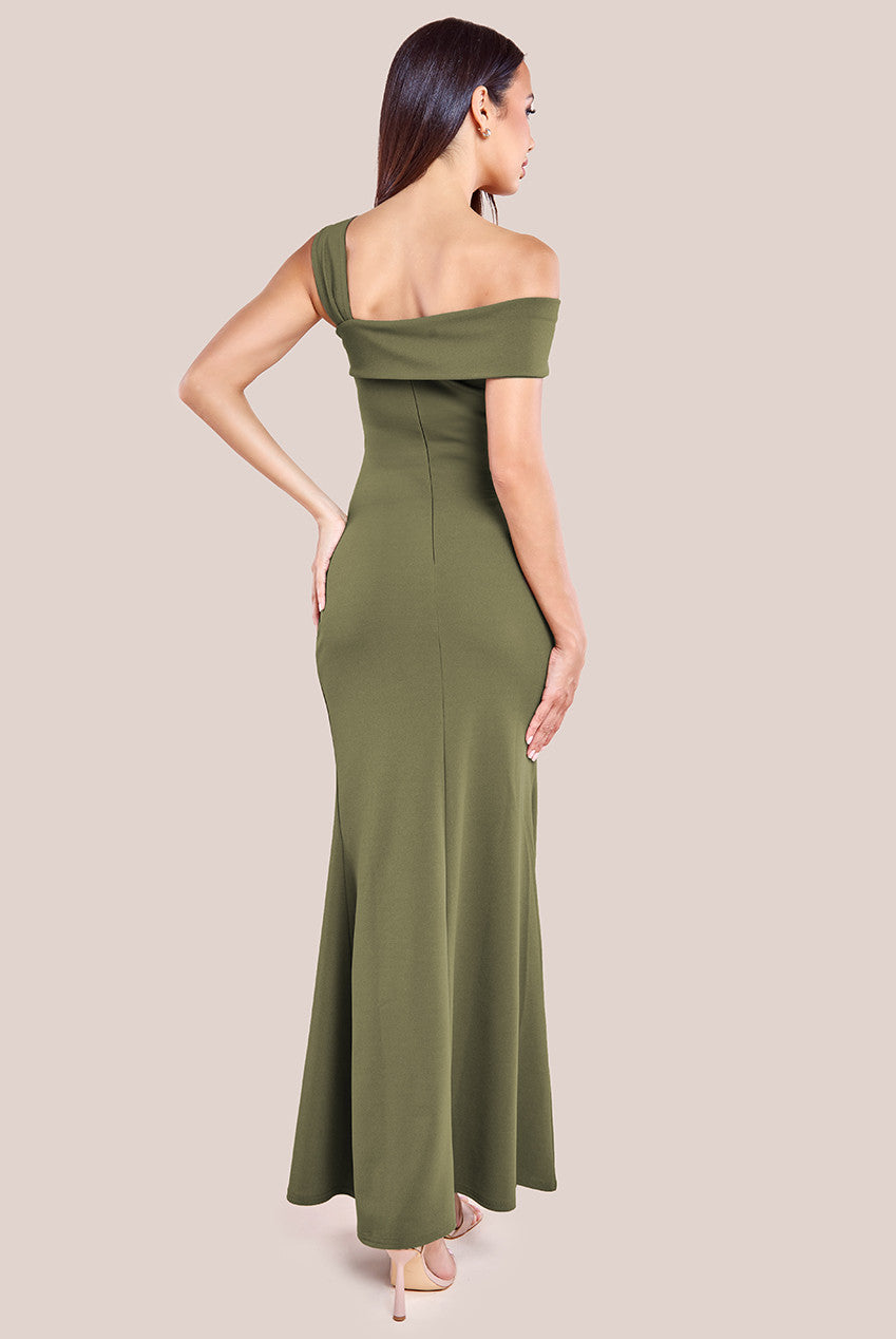 Off The Shoulder Pleated Waist Maxi Dress - Khaki DR2594G