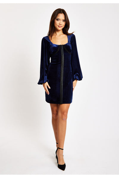 Navy - Corset Detail Mini Navy Velvet Dress by Liquorish
