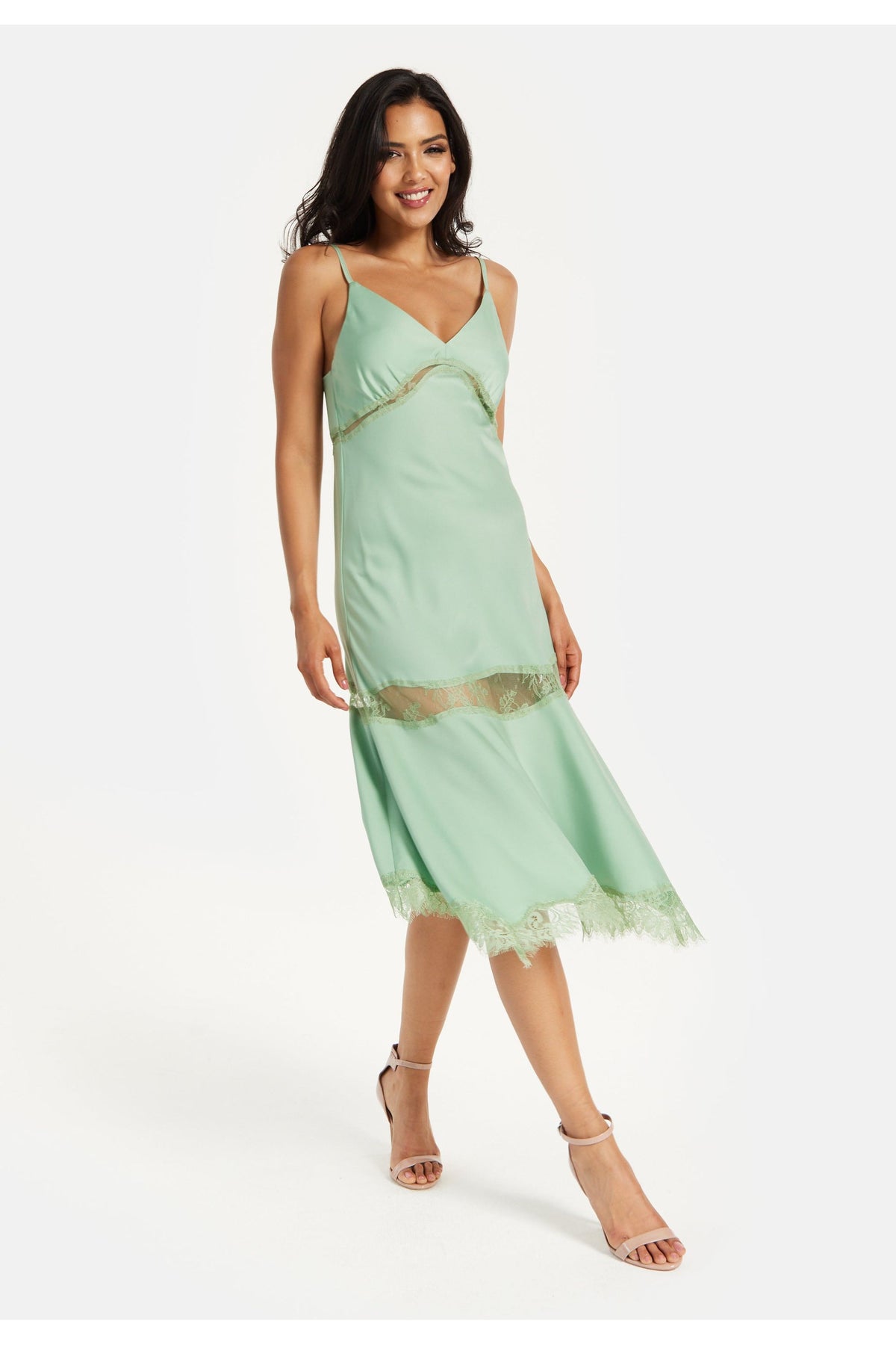 Fine Lace Detail Strip Midi Dress In Sage Green MYL008