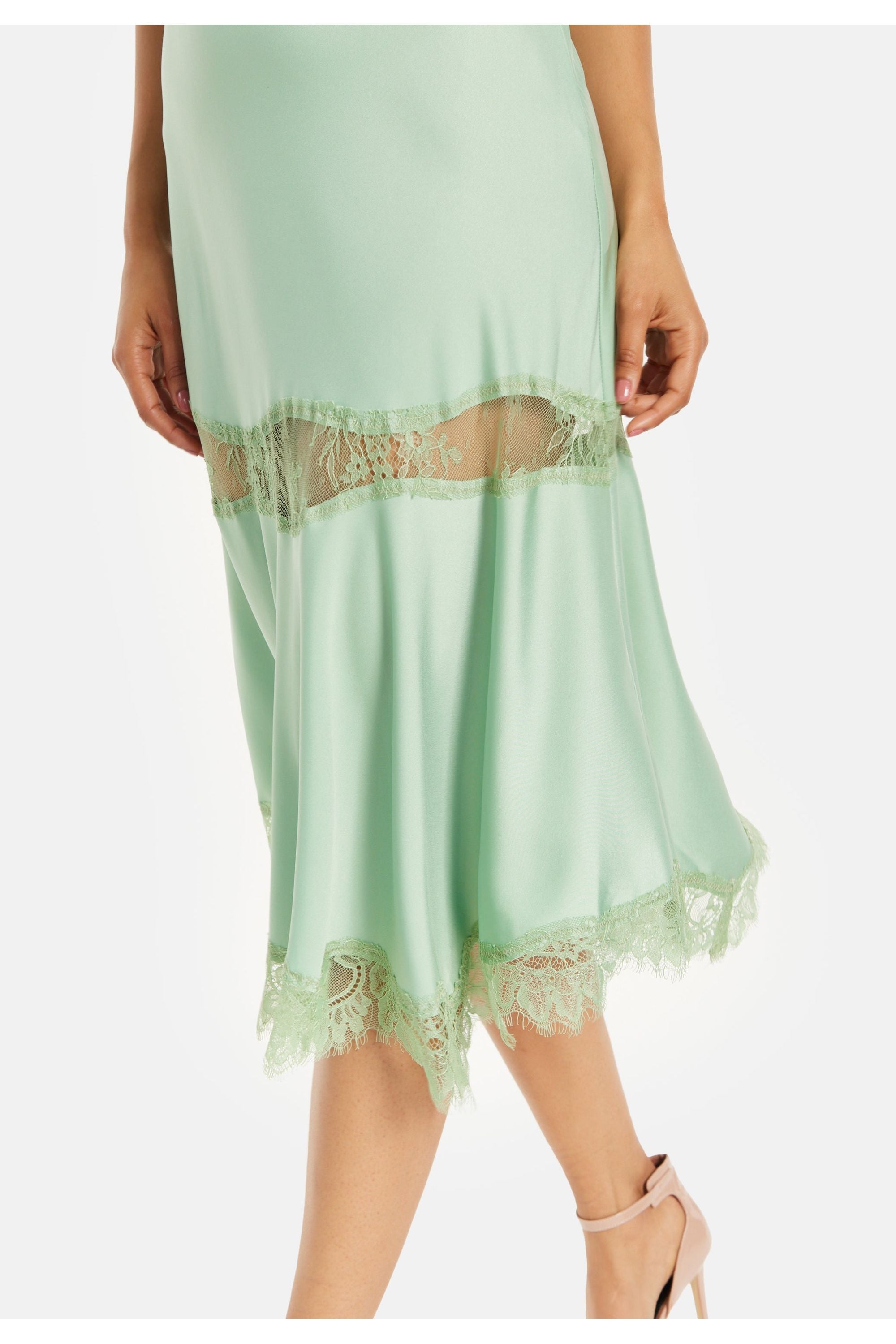 Fine Lace Detail Strip Midi Dress In Sage Green MYL008