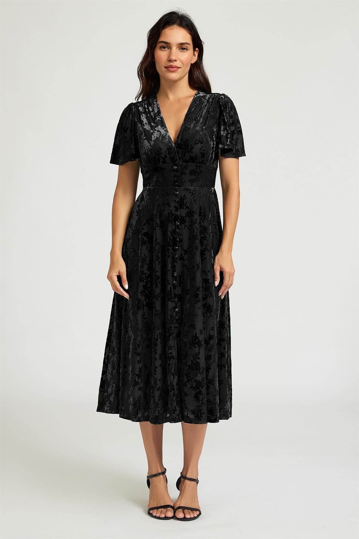Floral Velvet Devore V Neckline Dress In Black FS909