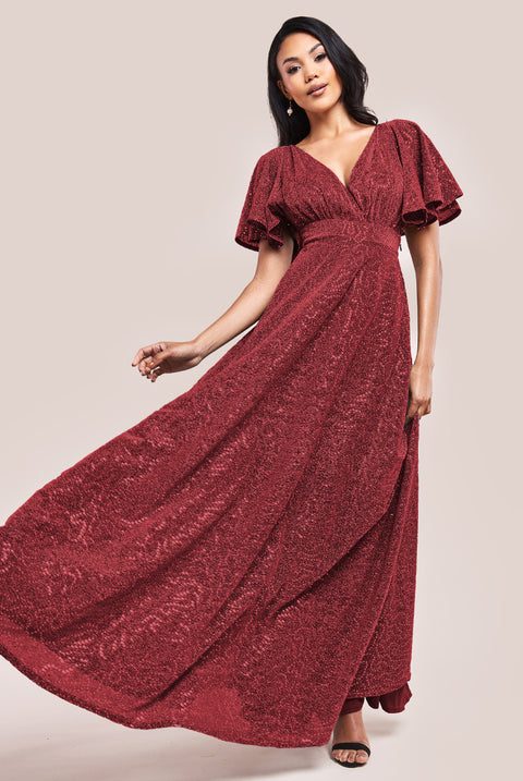 Sequin Lurex Flutter Sleeve Maxi Dress - Wine DR3680