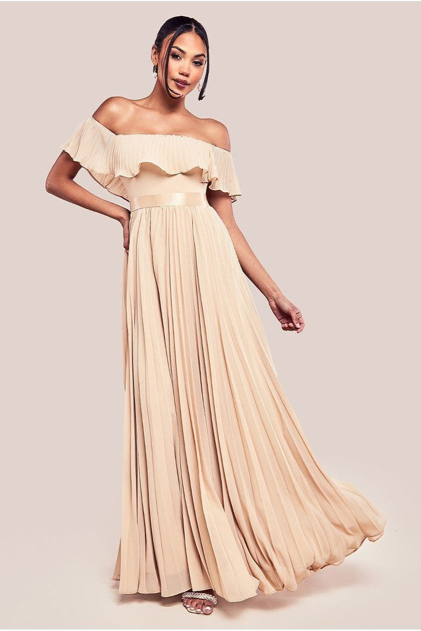 Pleated Chiffon Off Shoulder Maxi Dress
