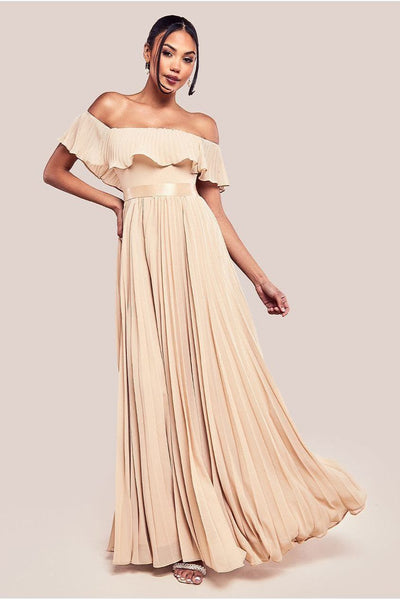 Beige - Pleated Chiffon Off Shoulder Maxi Dress - Beige by Goddiva