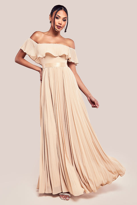 Pleated Chiffon Off Shoulder Maxi Dress - Beige DR3805