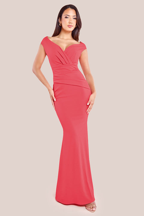 Bardot Pleated Maxi Dress - Coral by Goddiva