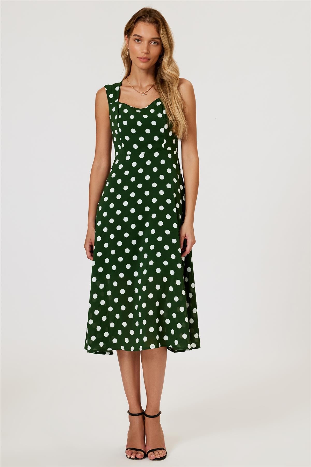 Polka Dot Print Heart Neck Midi Green FS887