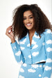 Women's Cropped Blue Cloud Print Blazer With Padded Shoulders, Boxy Fit by Liquorish
