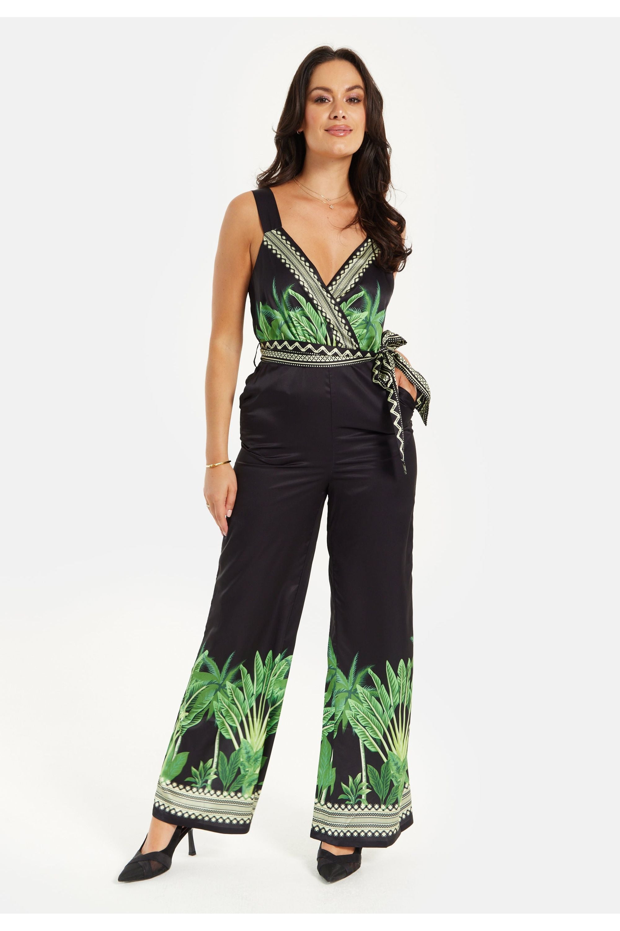 Leaf Printed V Neck Jumpsuit With Tie Detail ELF009006