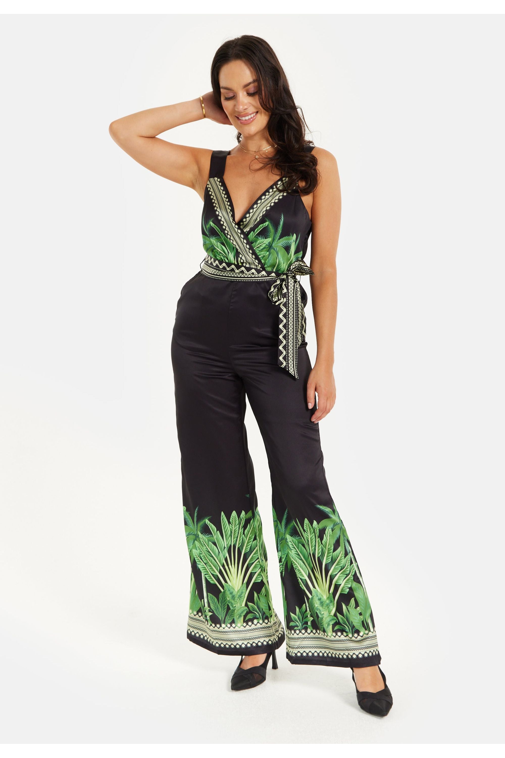 Leaf Printed V Neck Jumpsuit With Tie Detail ELF009006