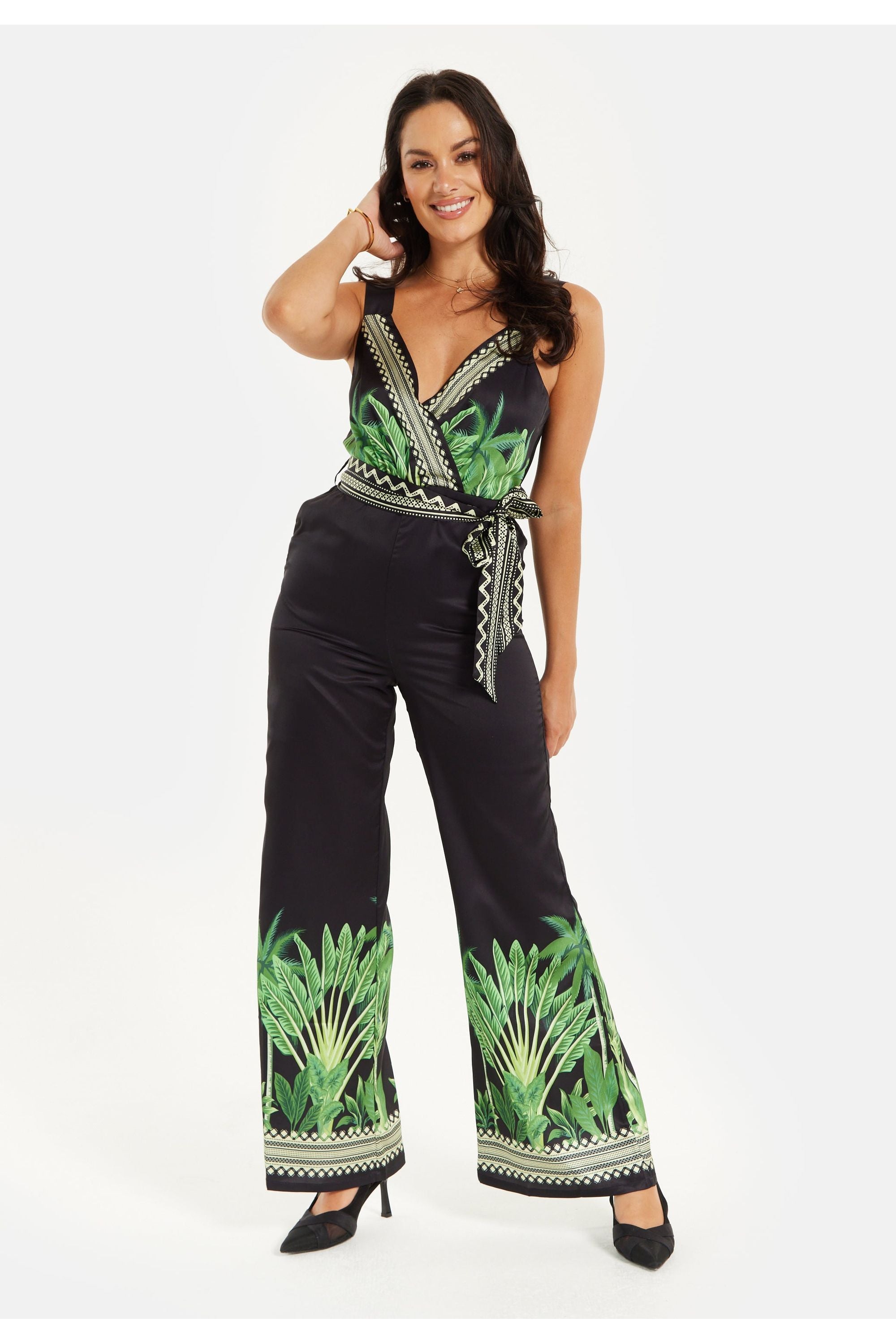 Leaf Printed V Neck Jumpsuit With Tie Detail ELF009006