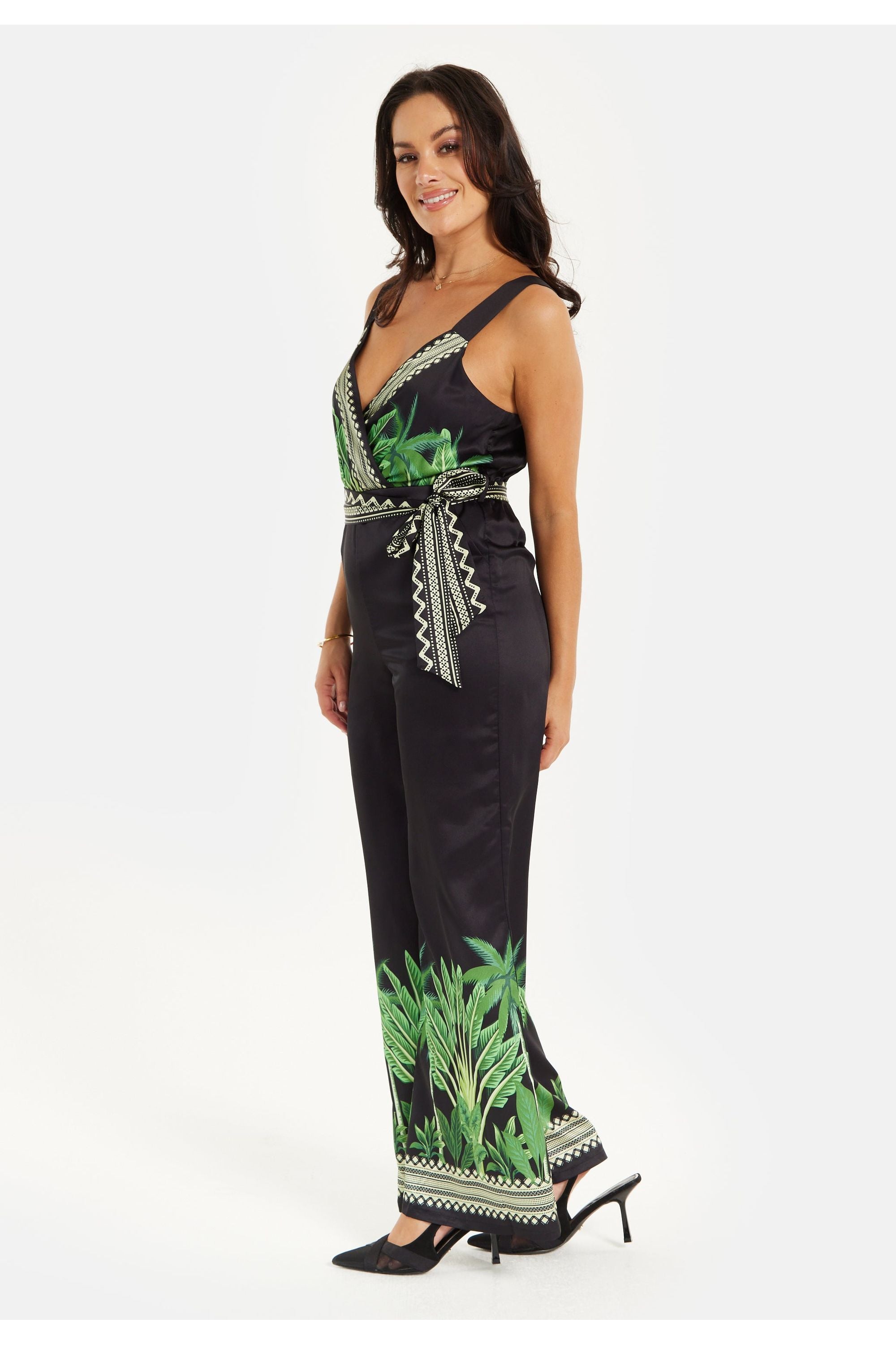 Leaf Printed V Neck Jumpsuit With Tie Detail ELF009006