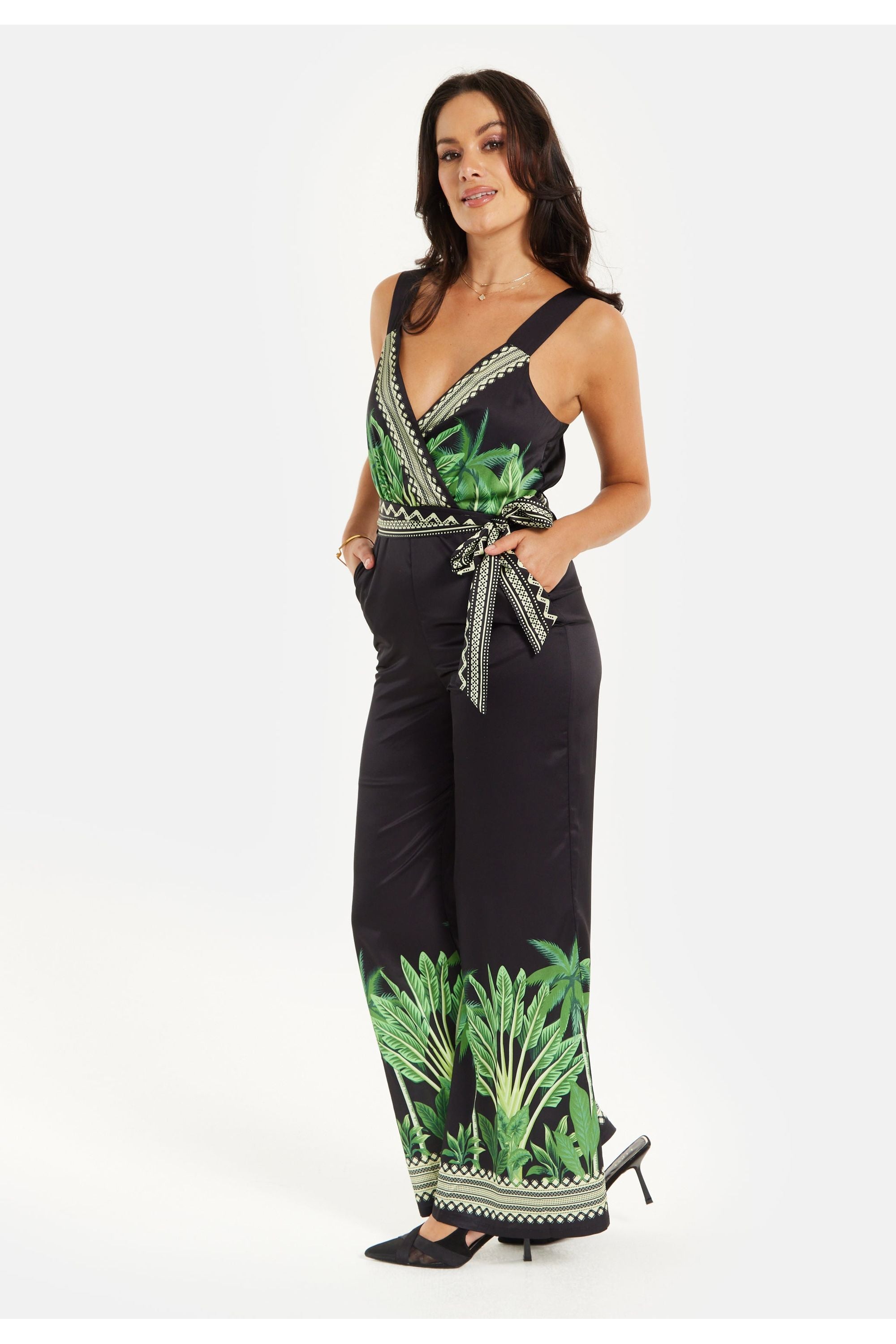 Leaf Printed V Neck Jumpsuit With Tie Detail ELF009006