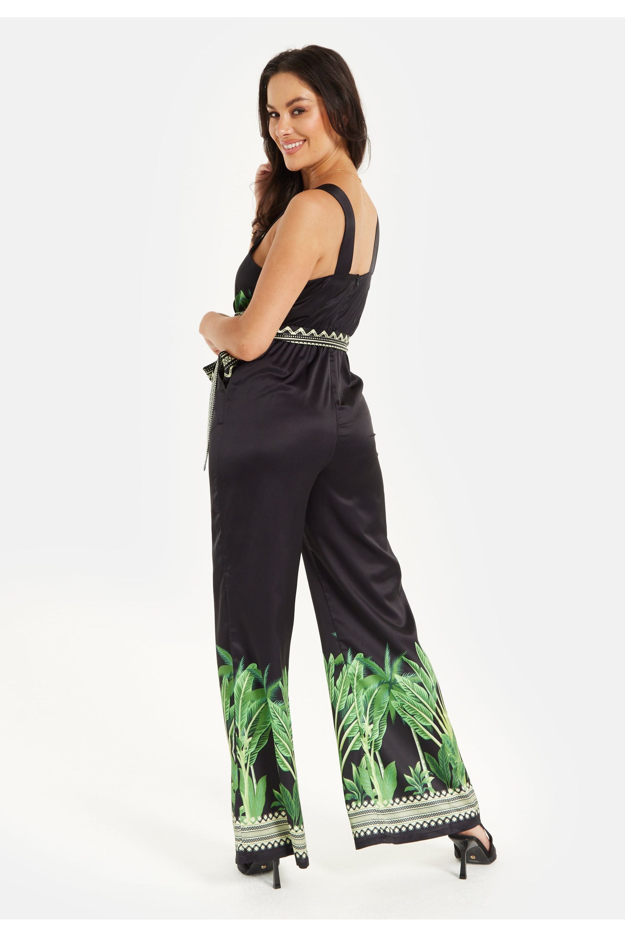 Leaf Printed V Neck Jumpsuit With Tie Detail ELF009006