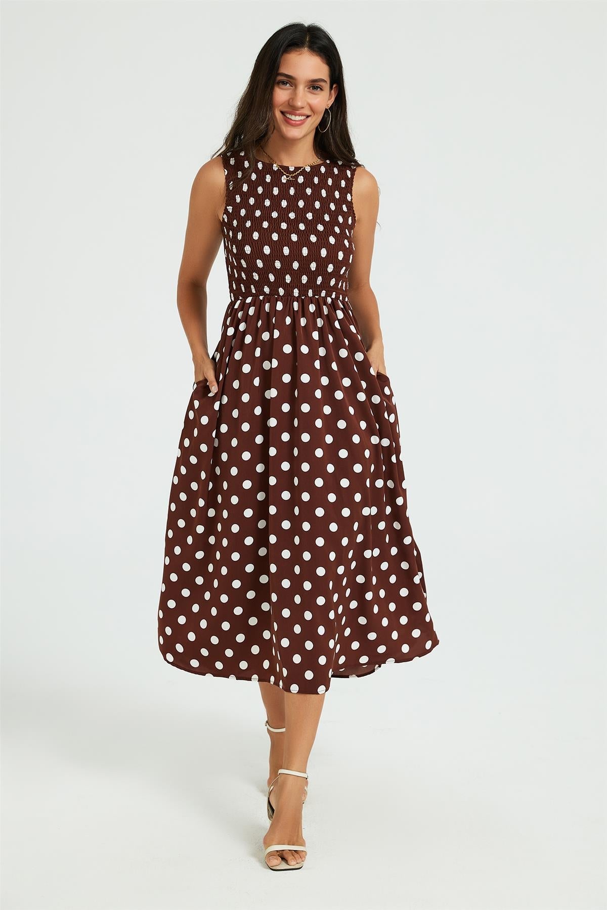 Dot Print Tie Back Sleeveless Shirred Top Midi Dress Brown FS960