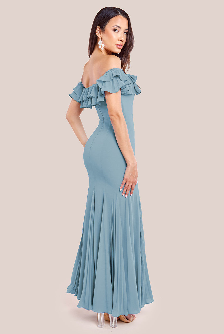 Frilled Off The Shoulder Pleated Chiffon Maxi Dress - Dusky Blue DR4273