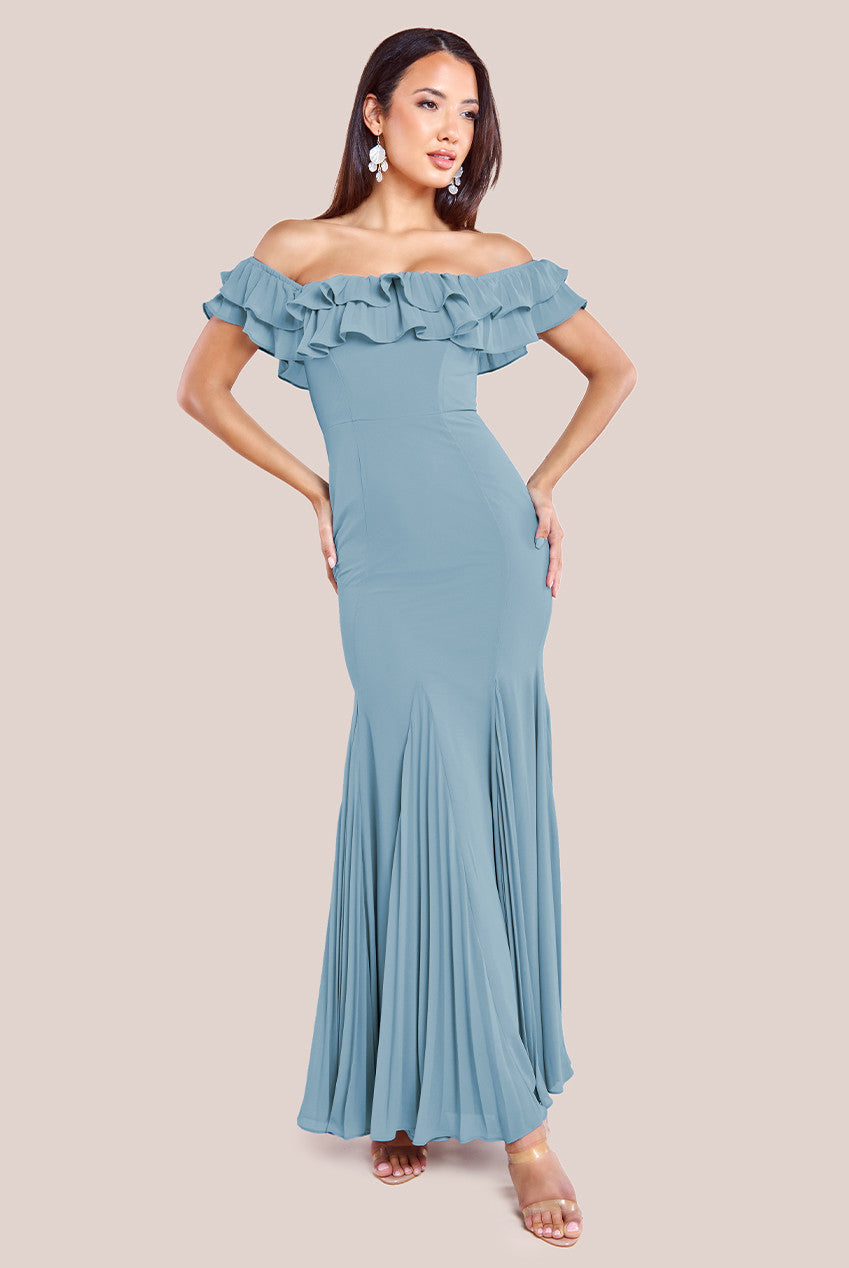 Frilled Off The Shoulder Pleated Chiffon Maxi Dress - Dusky Blue DR4273