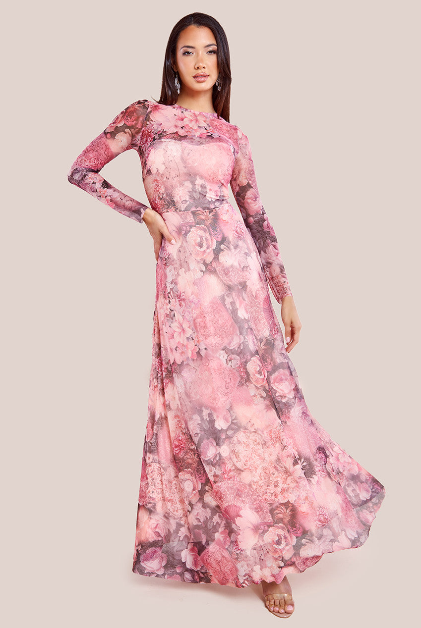 Printed Soft Mesh A-Line Maxi Dress - Blush DR4363