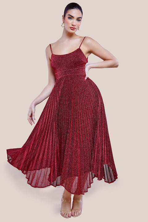 Tie Back Pleated Lurex Skater Midi Dress - Burgundy DR4246