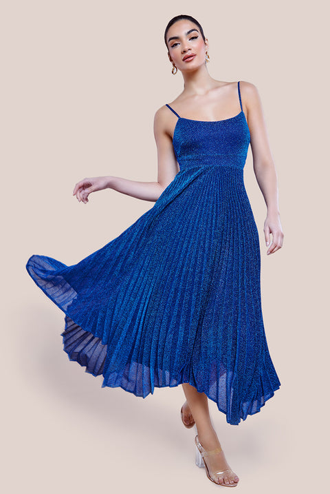 Tie Back Pleated Lurex Skater Midi Dress - Royal Blue by Goddiva