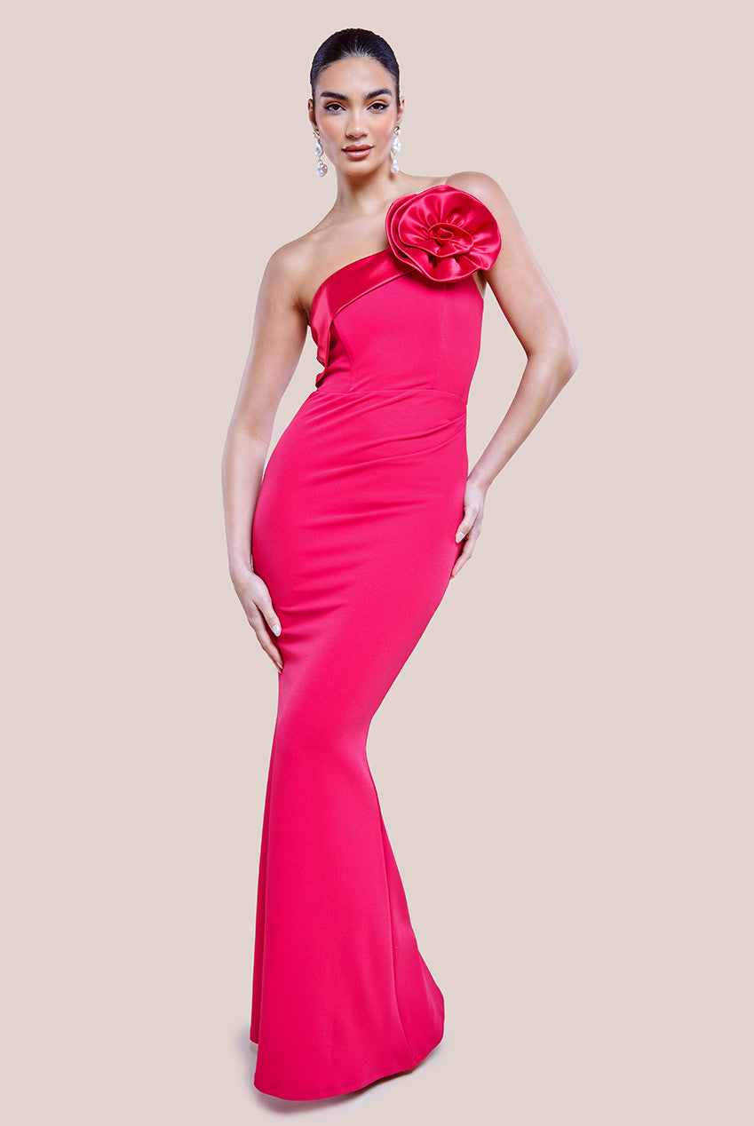 Satin Corsage Scuba Crepe Maxi Dress - Magenta DR4215