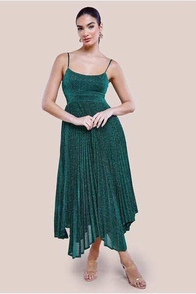 Tie Back Pleated Lurex Skater Midi Dress - Emerald by Goddiva