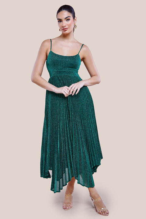 Tie Back Pleated Lurex Skater Midi Dress - Emerald by Goddiva