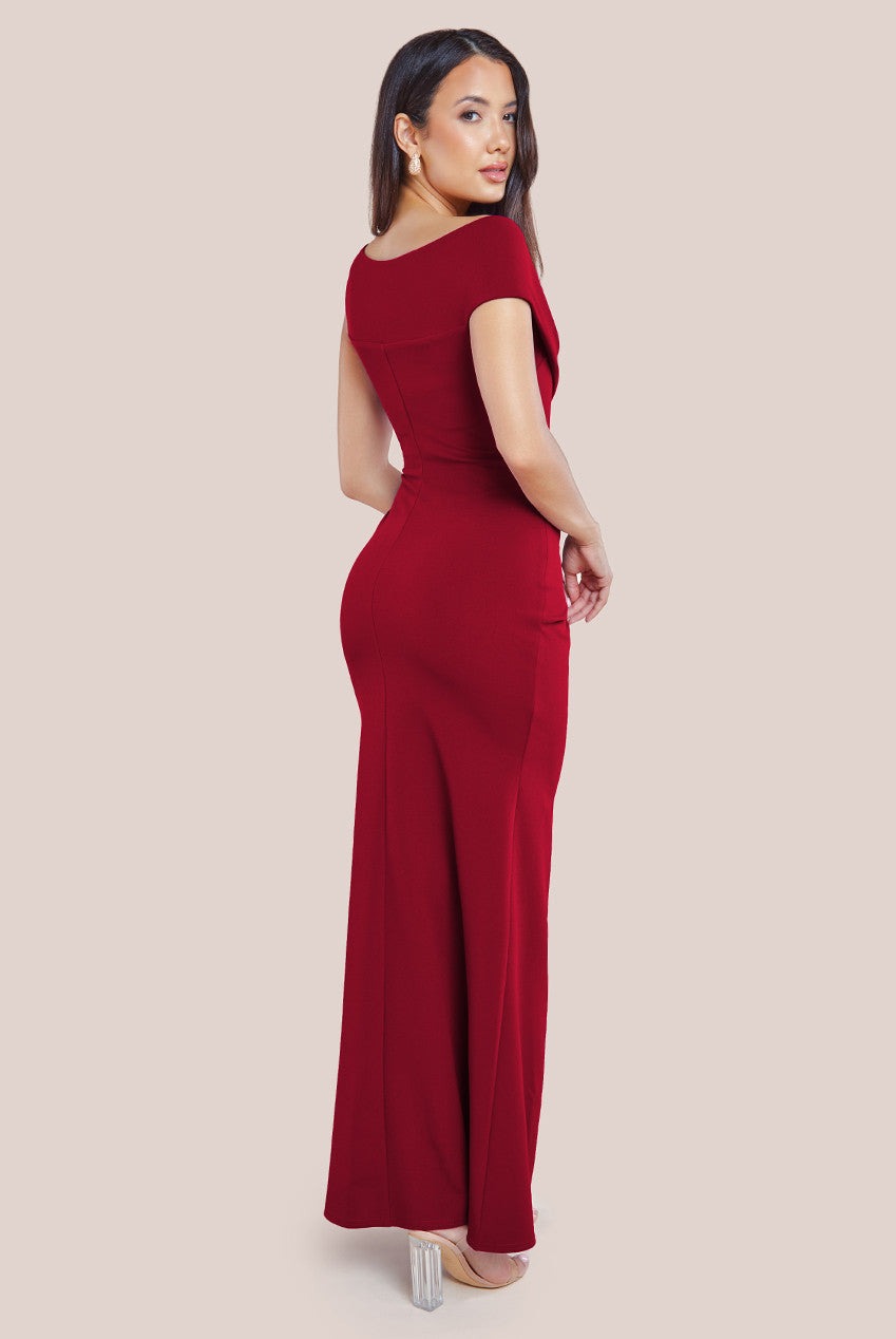 Scuba Crepe  Off The Shoulder Maxi - Wine DR3774