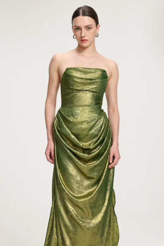 Draped Metallic Strapless Maxi Dress D241201628