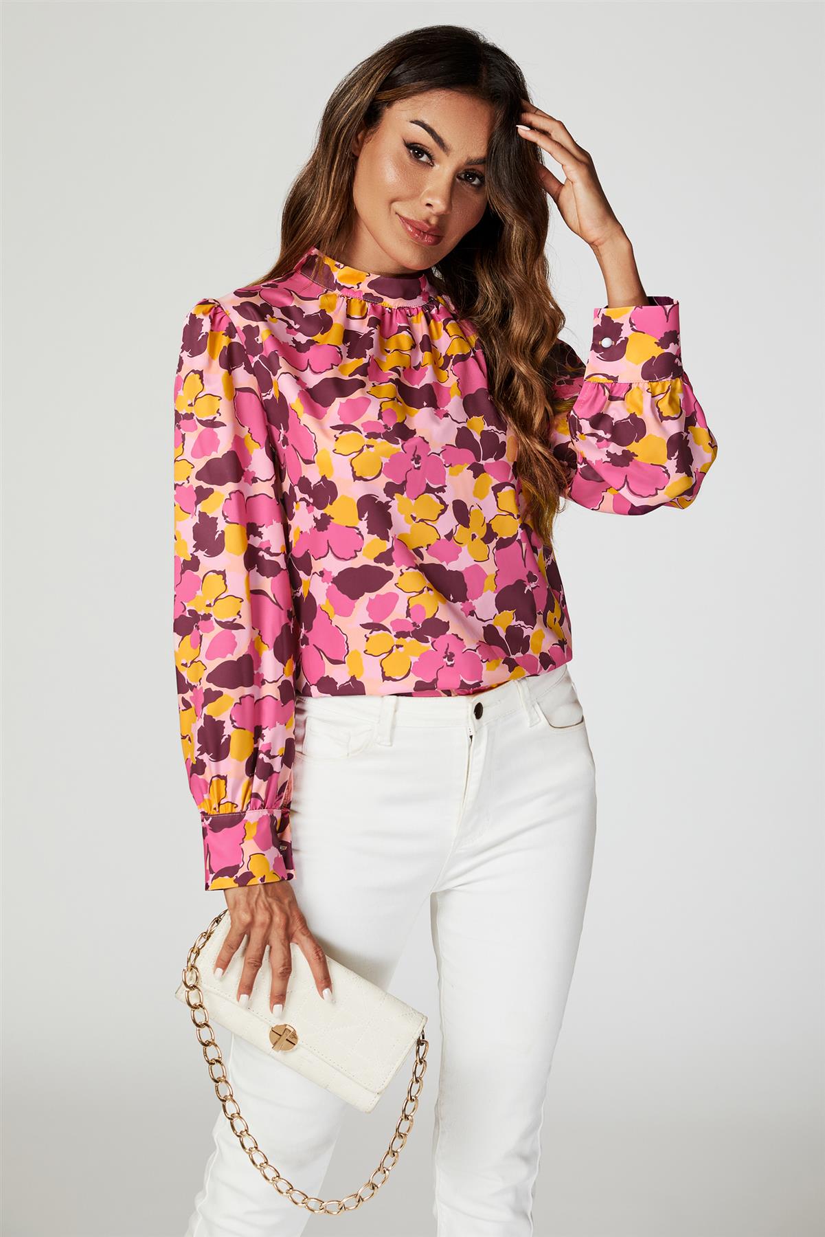 Floral Print Long Sleeve High Neck Top In Pink FS616