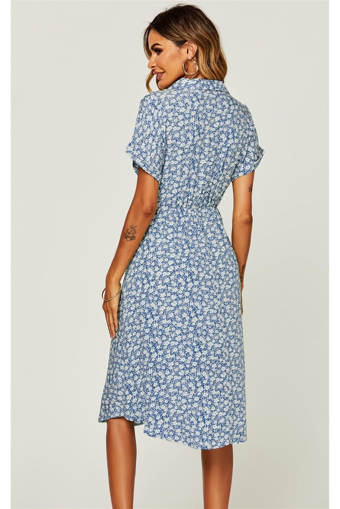 Relaxed Floral Print Button Down Midi Shirt Dress In Blue FS236-BlueFloral