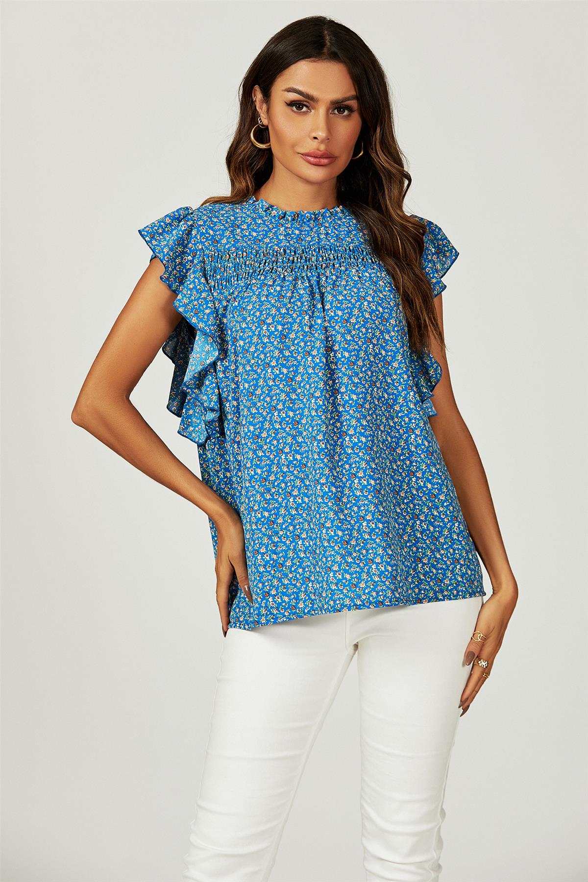 Floral Print Frill Hem Short Sleeve Blouse Top In Blue FS648-BlueF