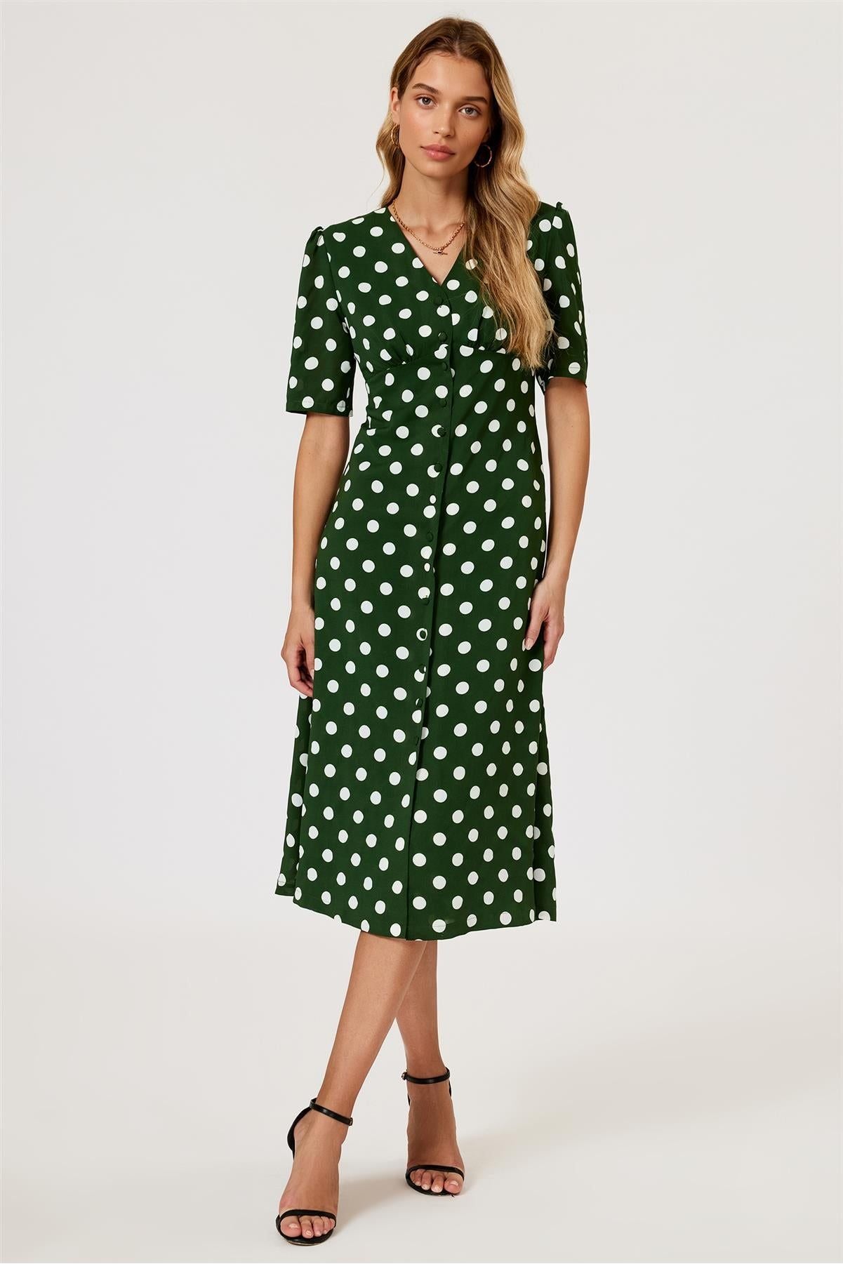 Polka Dot Print Button Front Midi Dress In Green FS884