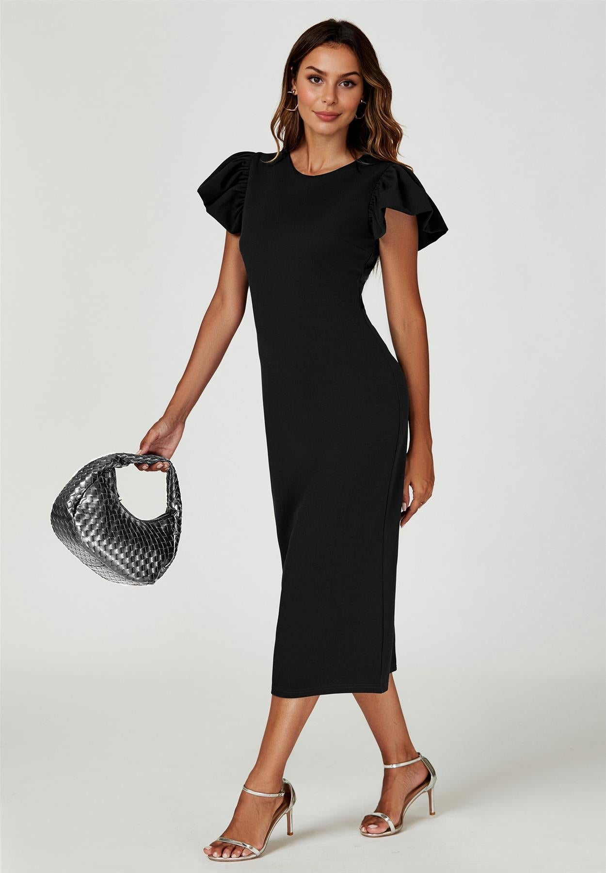 Volume Sleeve Bodycon Midi Dress In Black FS770-Black