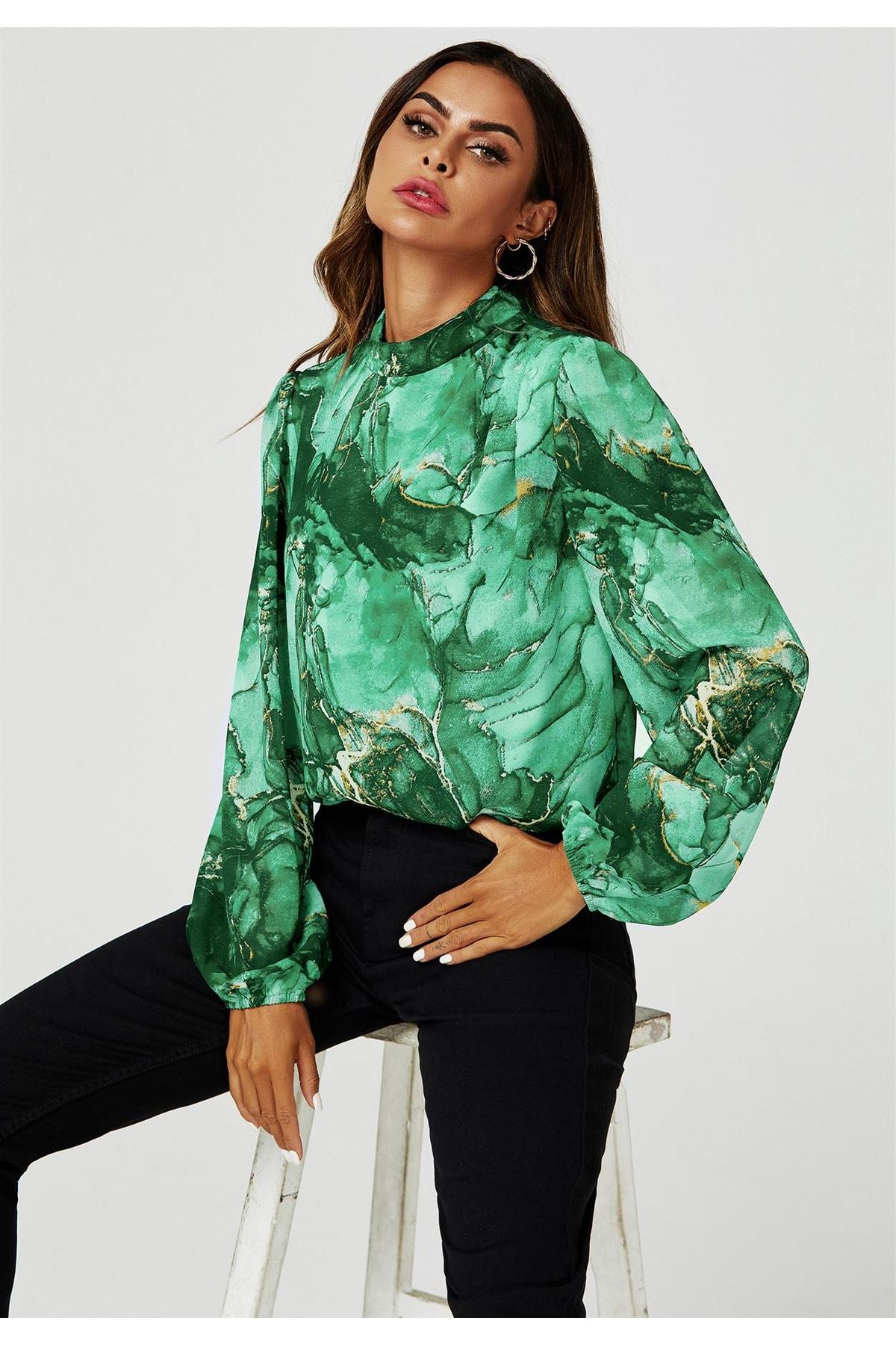 Marble Print Long Sleeve High Neck Top In Light Green FS628