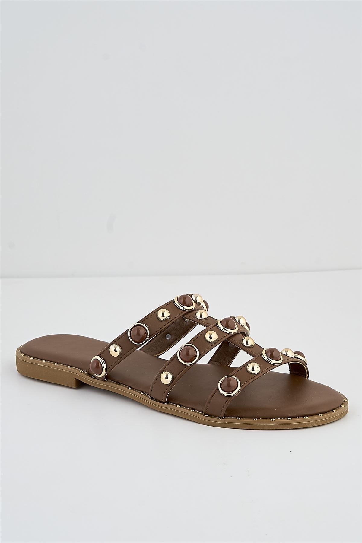 Molly Gold Round Stud Detail Cage Sliders In Brown LEM2-BRN