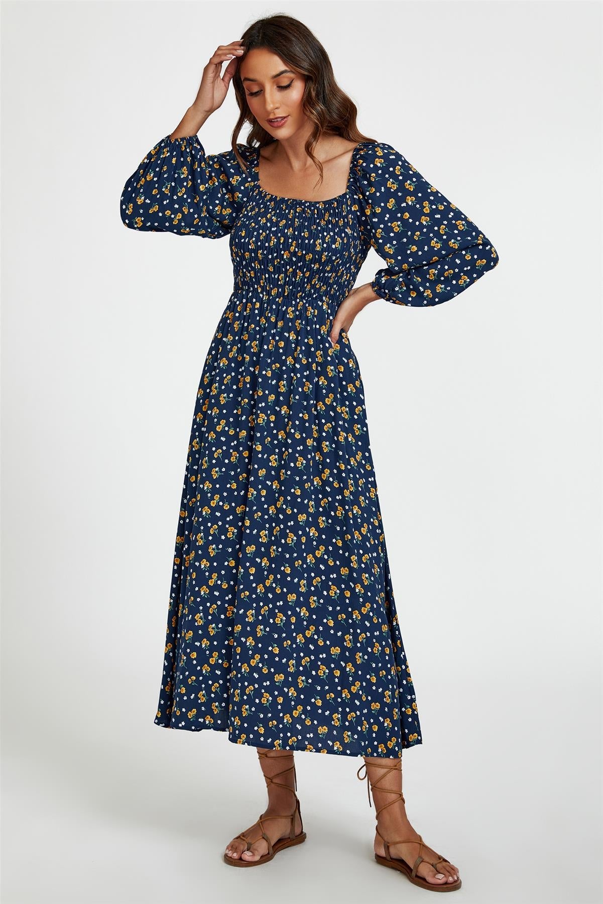 Floral Print Square Neck Maxi Dress In Dark Blue FS794-DBYF