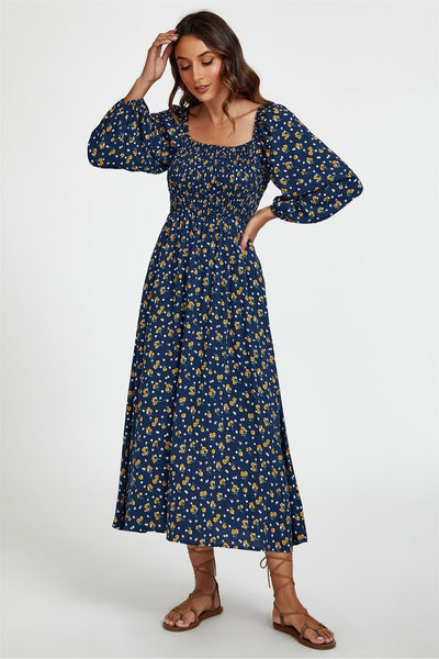Dark Blue - Floral Print Square Neck Maxi Dress In Dark Blue by FS Collection