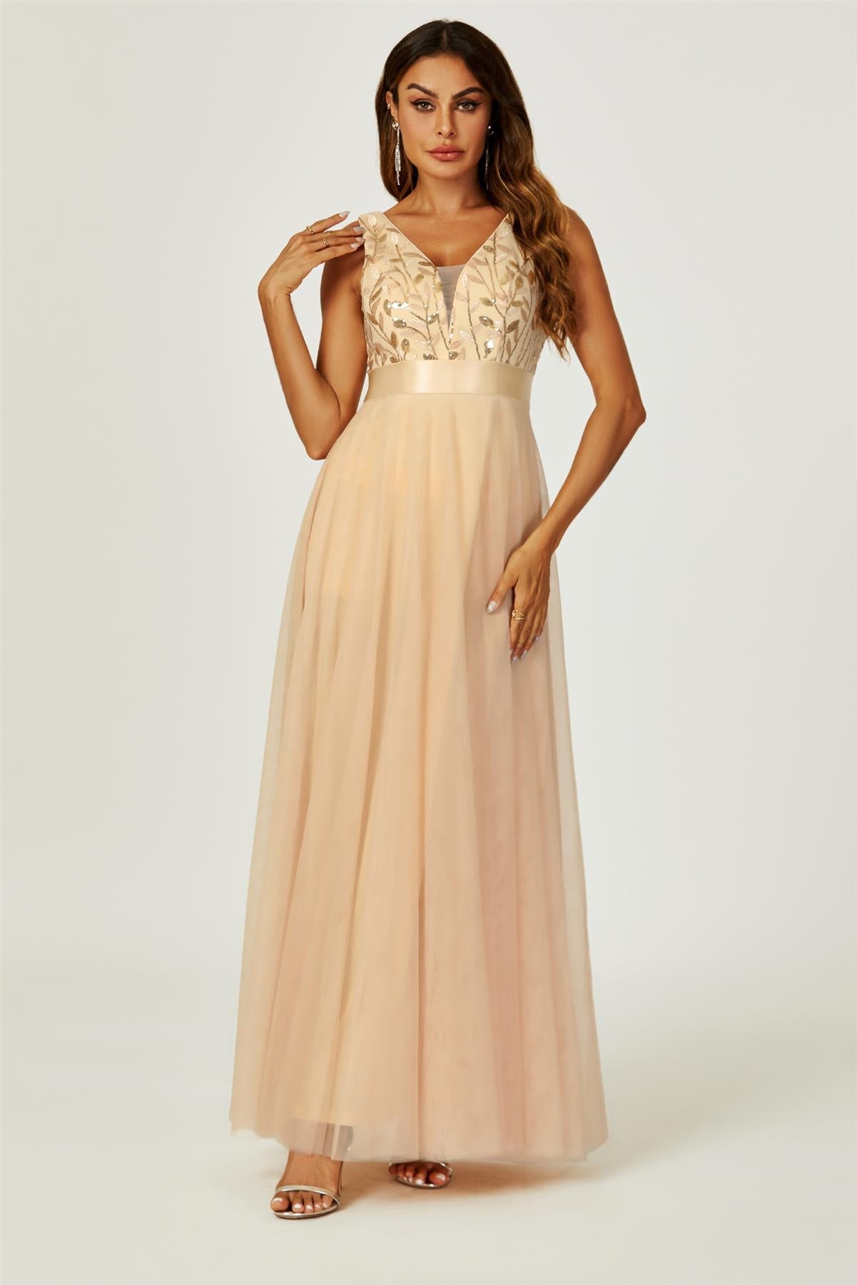 Sequin Top V Neck Bridesmaid Maxi Dress In Gold FS745