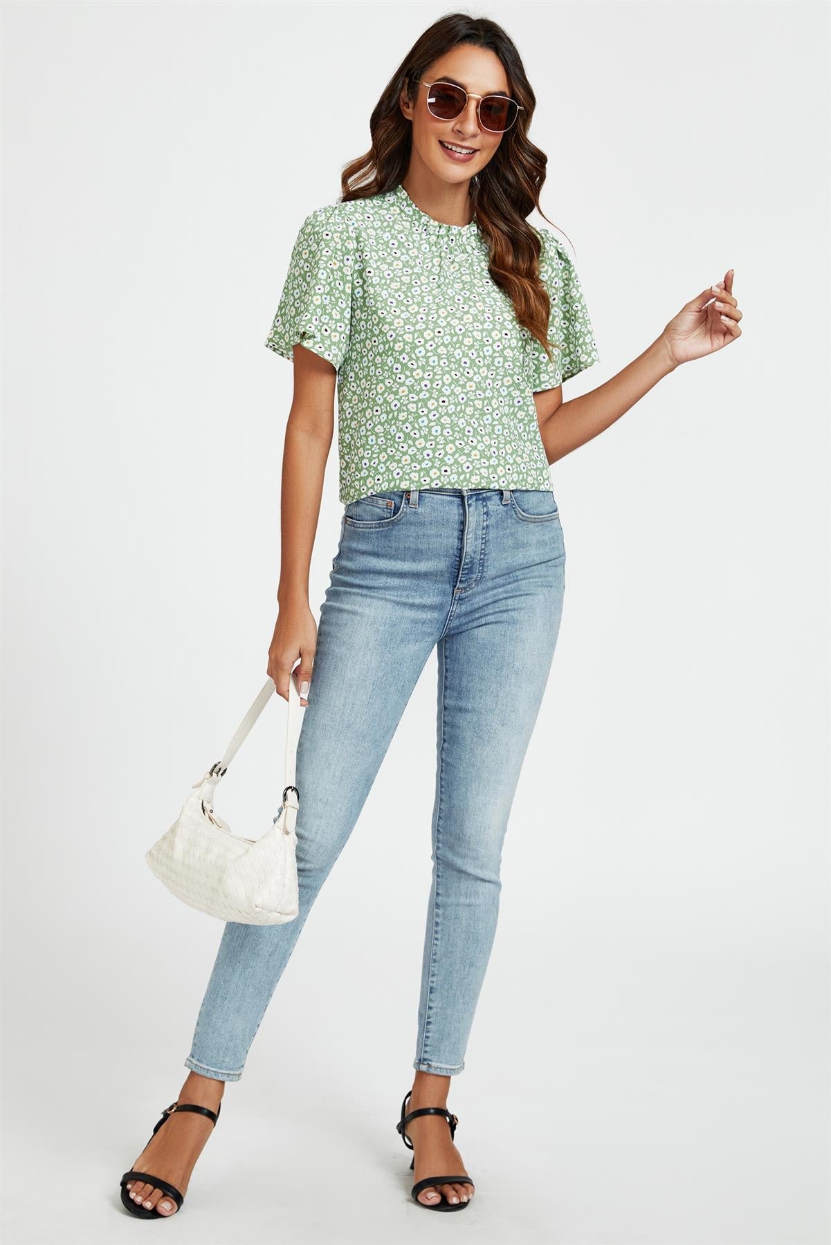 Little Floral Print Angle Sleeve High Neck Top Blouse In Green FS353-GMF