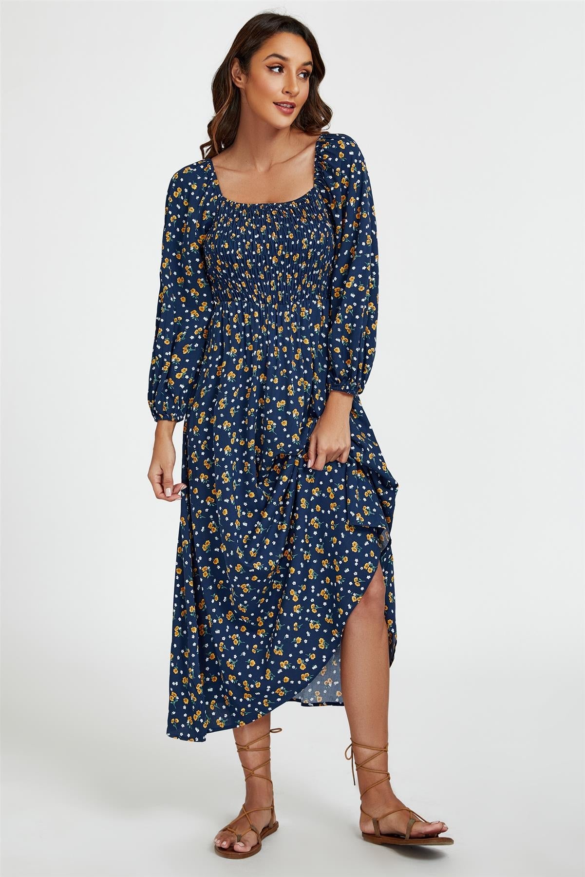 Floral Print Square Neck Maxi Dress In Dark Blue FS794-DBYF