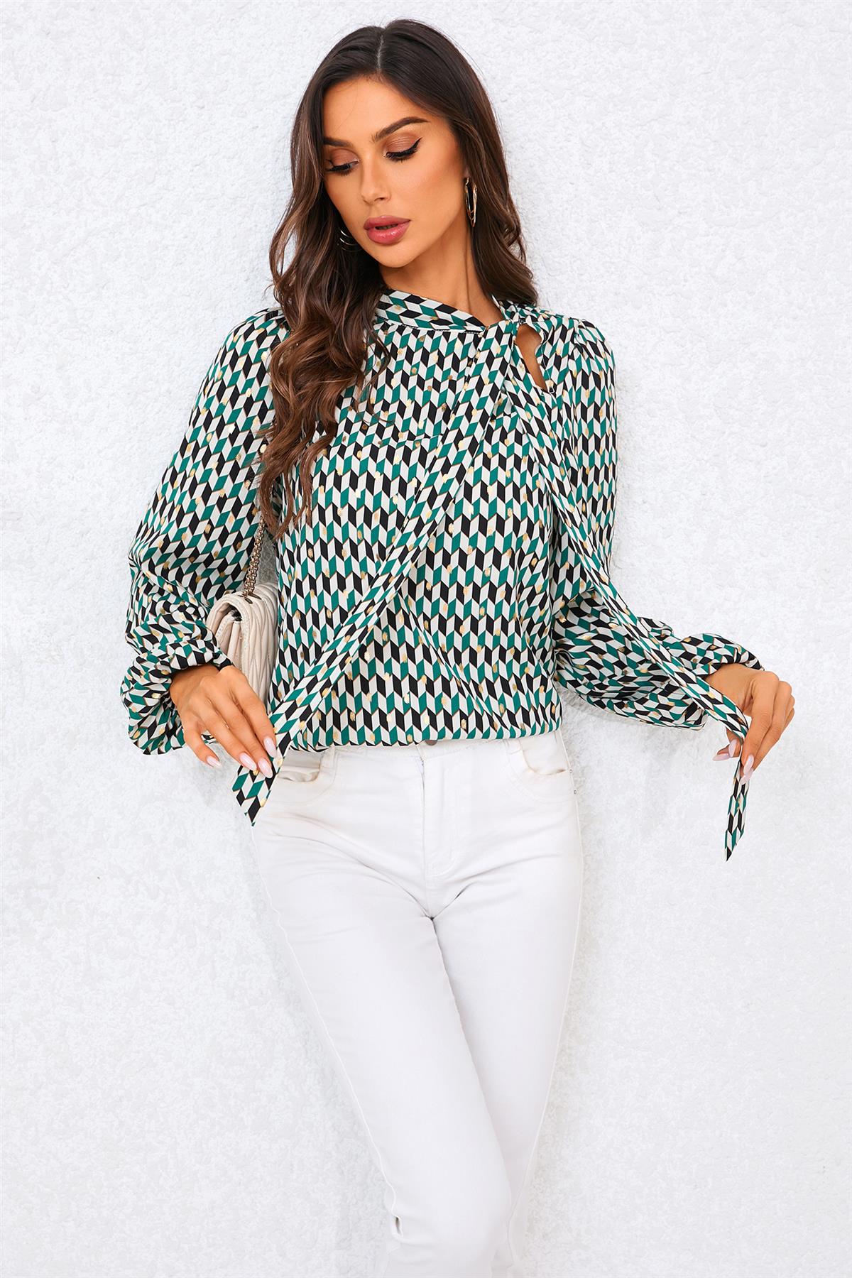 Geo Print Side Tie Blouse Top In Green FS705-GreenGeo