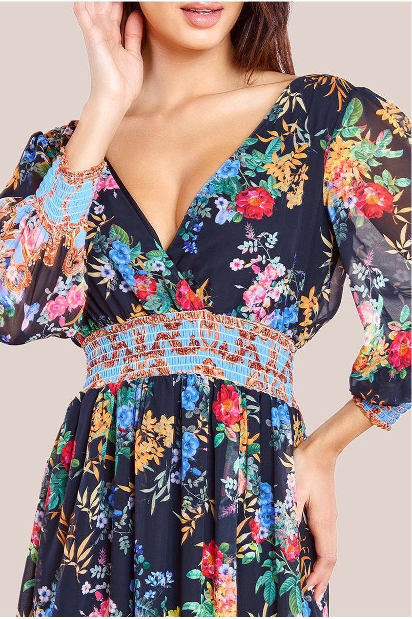 Chiffon Wrap Border Floral Print Maxi Dress - Black DR4394