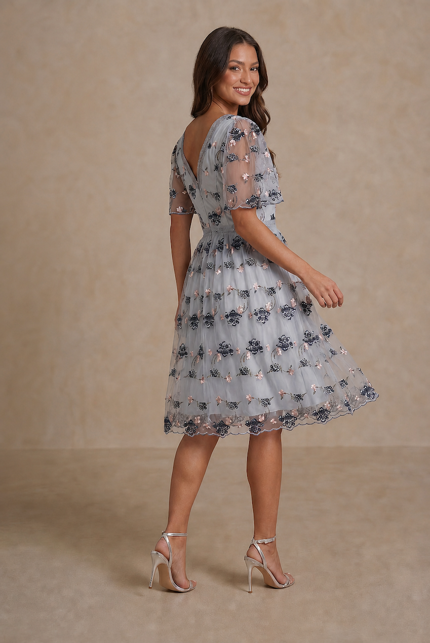 V Neck Floral Embroidered Lace Midi Dress In Blue 30026BL