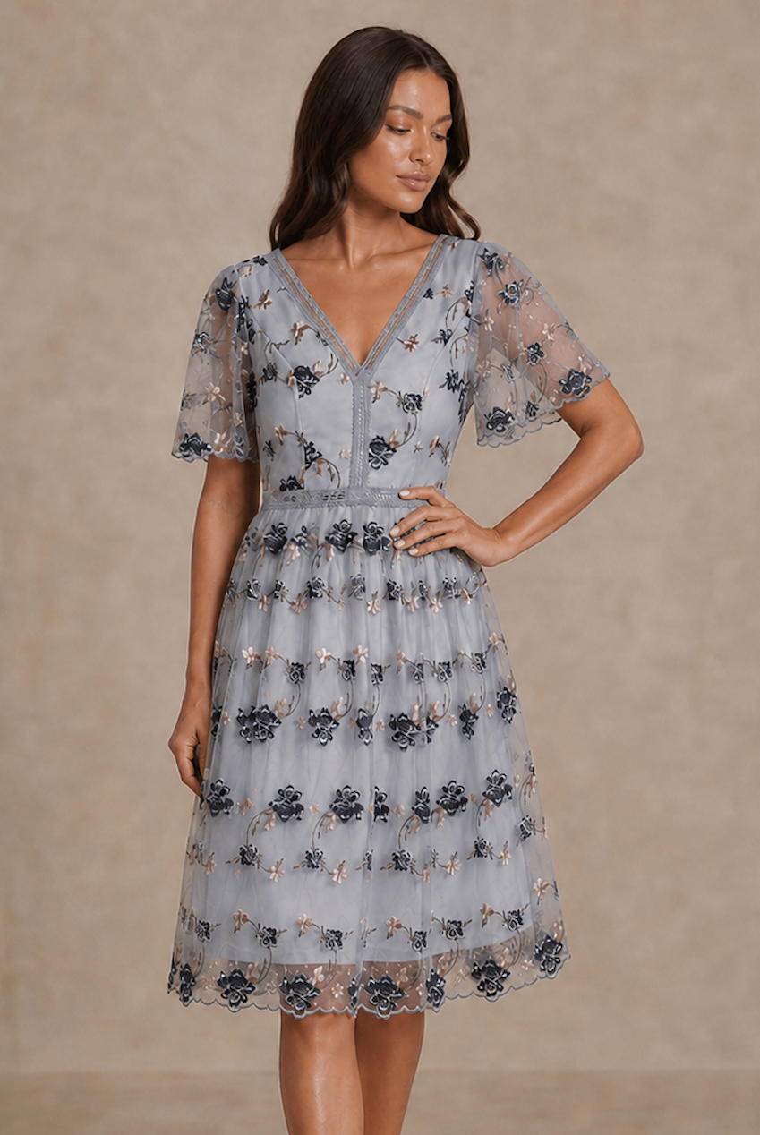 V Neck Floral Embroidered Lace Midi Dress In Blue 30026BL