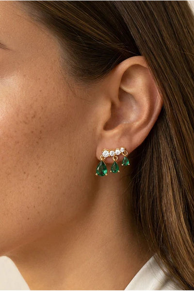 Gold - Dangle Stud Earrings With Emerald Green Stones by MUCHV
